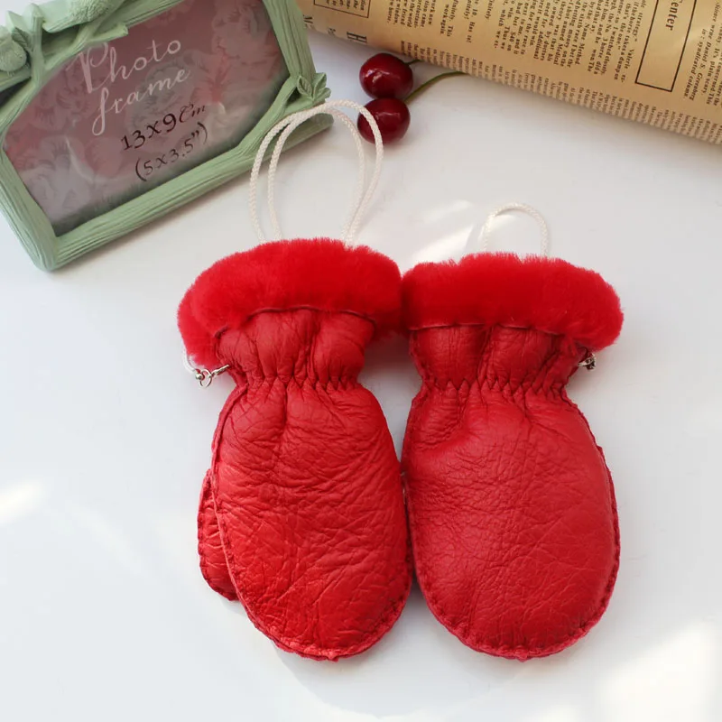 Теплые детские перчатки из натуральной кожи для мальчиков и девочек с овечьим