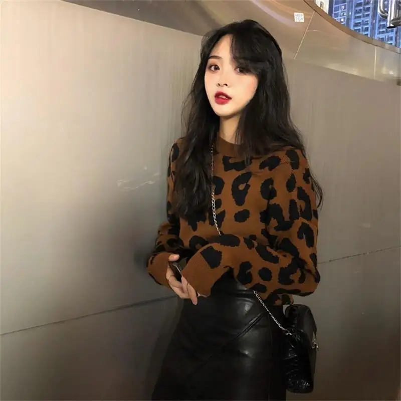 Корейский Повседневное Ретро Leopard свободные свитера Для женщин джемпер Kawaii