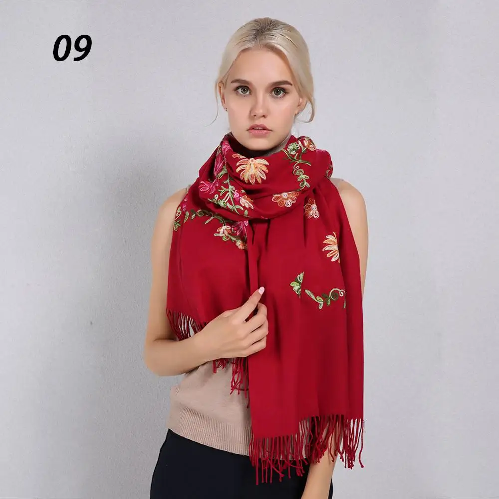 09 Wine Red Sparsil, женские зимние кашемировые шарфы с вышитыми цветами и кисточками, шали, длинные, большие размеры, 200*70 см, женские шали из пашмины, элегантный шарф - Цвет: 09 Wine Red