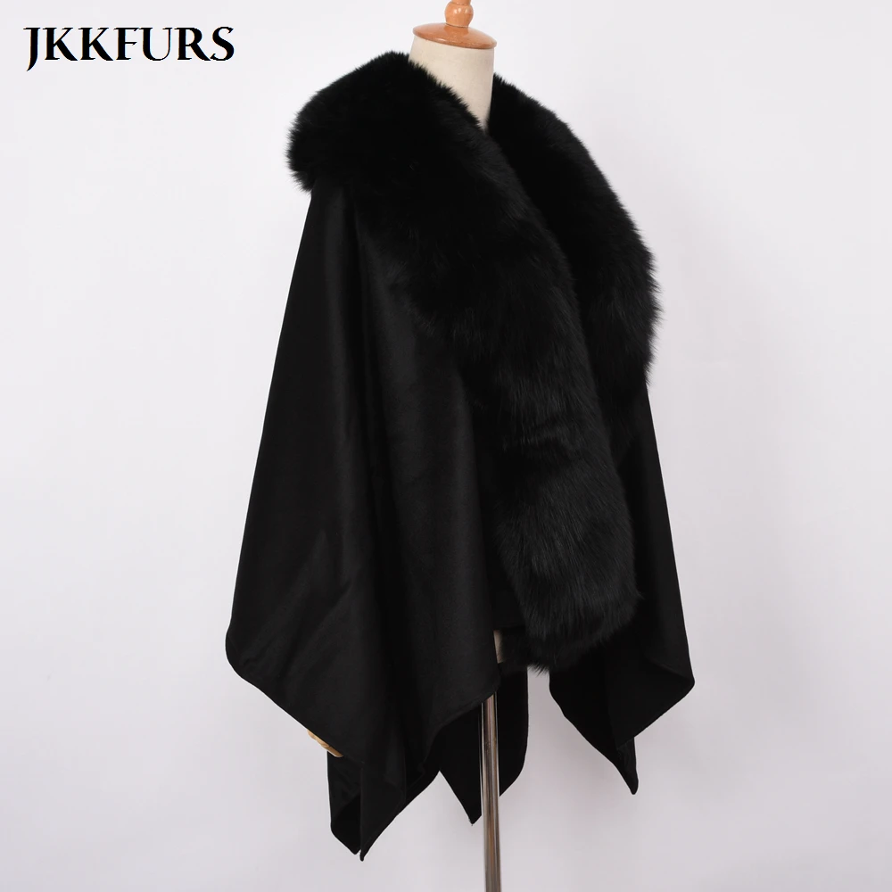 JKKFURS, новинка, женское пончо, натуральный Лисий мех, воротник, отделка и шерсть, накидка, модный стиль, высокое качество, зимнее теплое пальто S7357