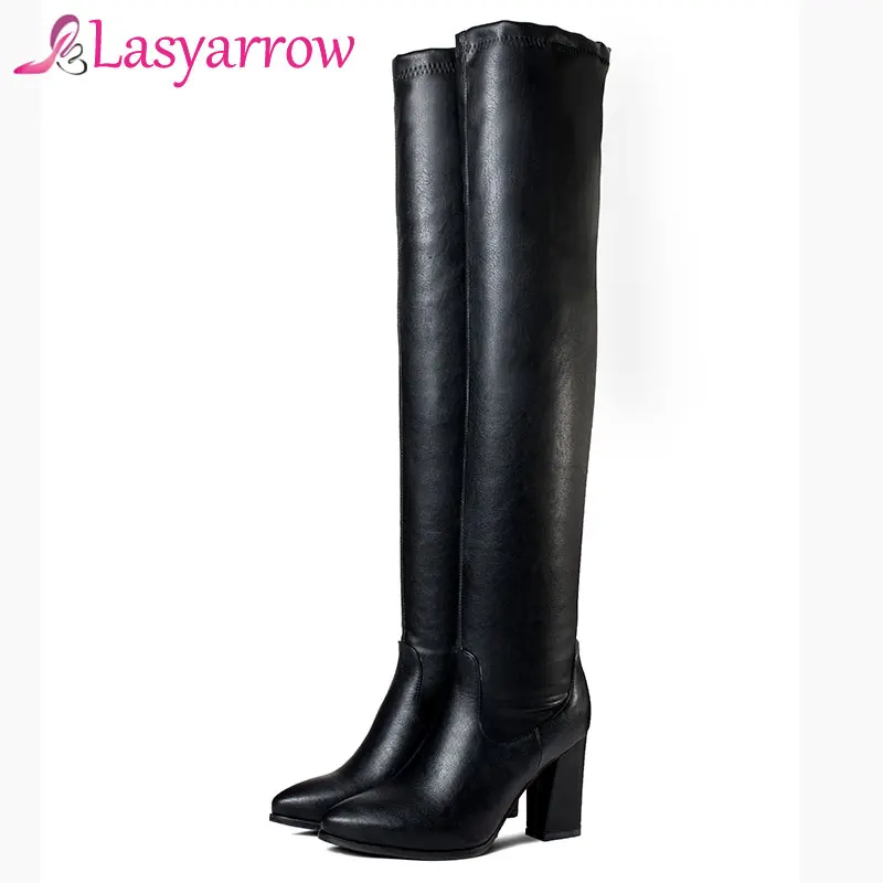 

Lasyarrow Stretch Slip On Solid Black Motorcycle Boots Fashion Thigh High Long Boots Chunky High Heels Over the Knee High Boots