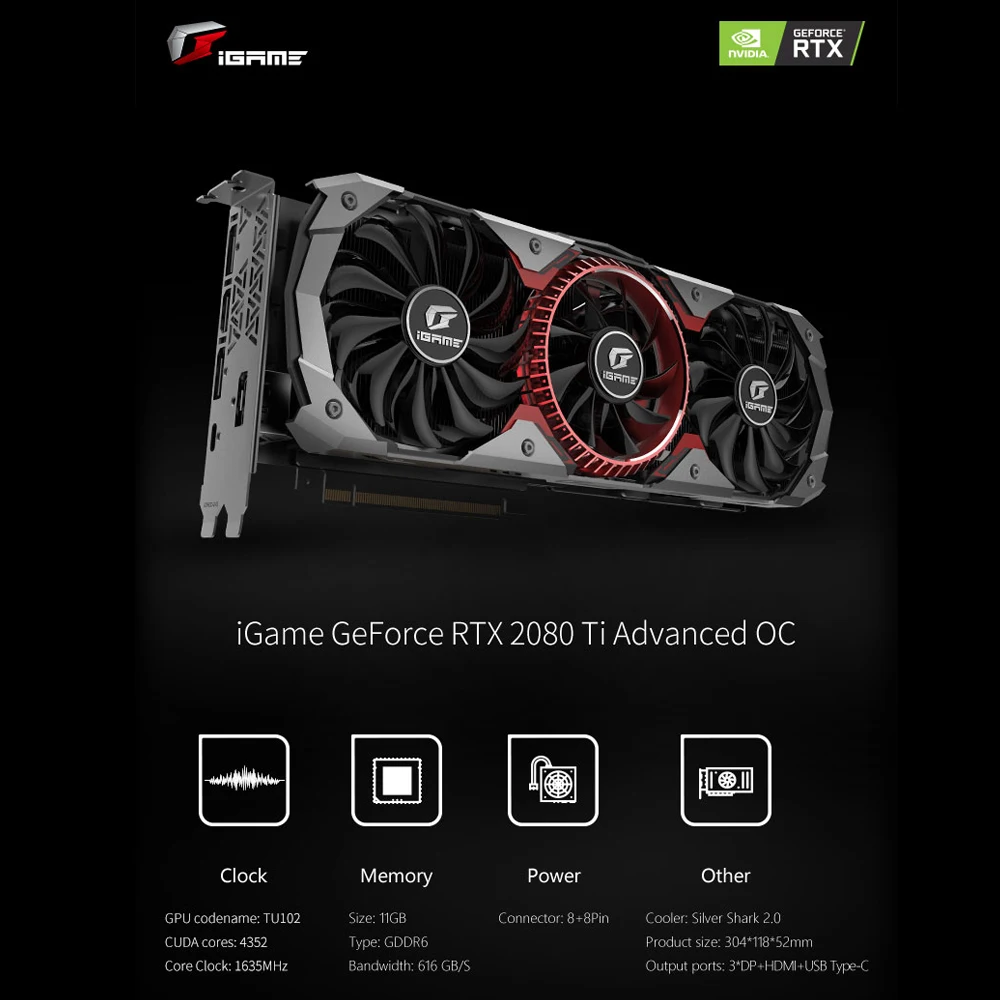 Цветная графическая карта RTX 2080Ti Advanced OC 2080 ti 11G Nvidia Turing GPU GDDR6 1635MHz для ПК Игр видеокарты GeForce