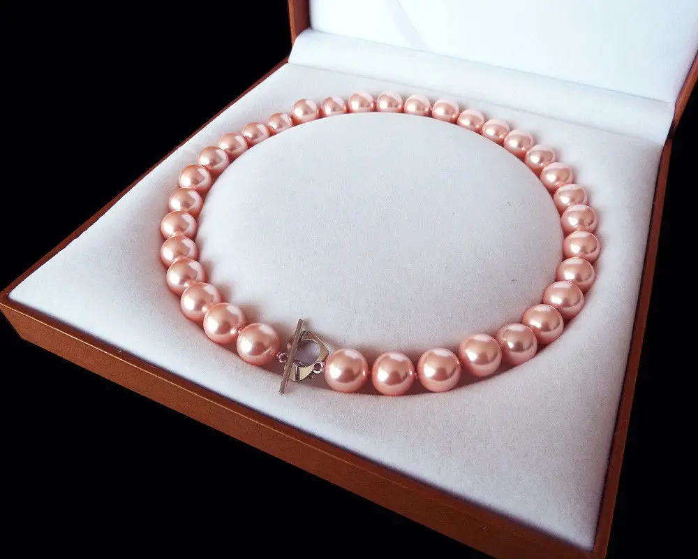 

Rare Huge 12mm Genuine South Sea Pink Shell Pearl Necklace Heart Clasp 18''