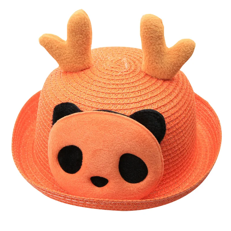 orange panda Детские шляпы, летние Панамы для девочек, милые соломенные кепки с рисунком котенка для мальчиков, детские шляпы в стиле хип-хоп с изображением милого медведя для девочек - Цвет: orange panda