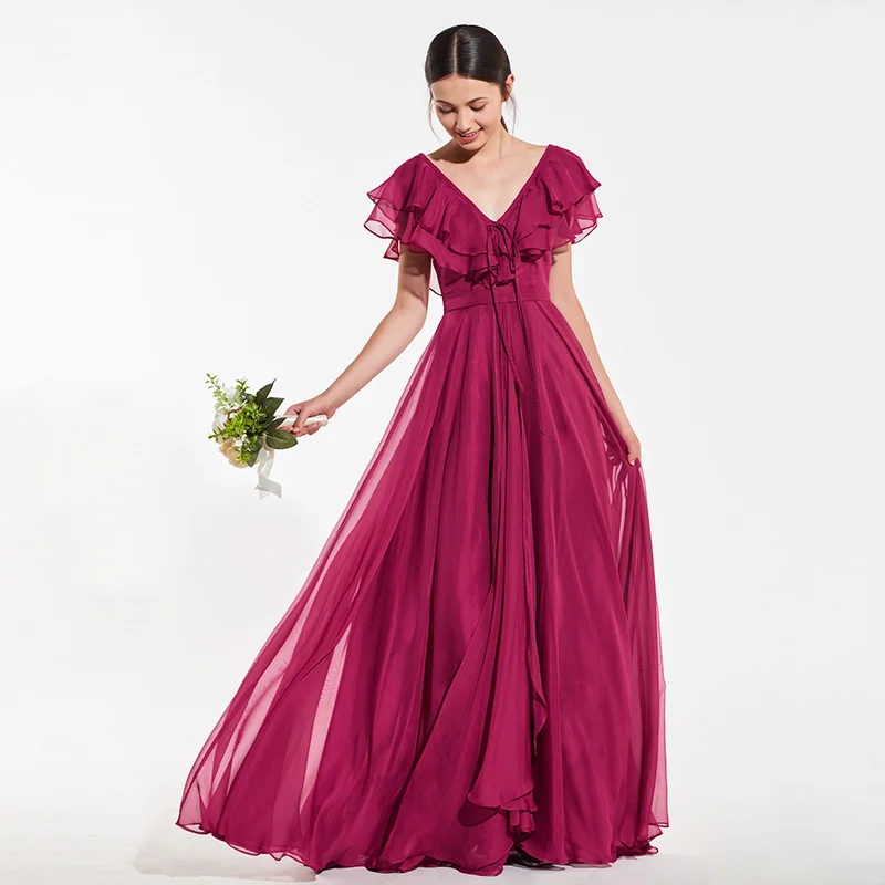 

Tanpell tiered bridesmaid dress burgundy sleeveless floor length a line gown lady wedding party custom formal bridesmaid dresses
