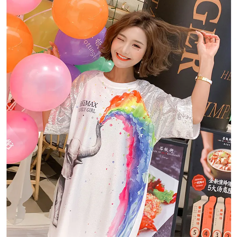 2019 летние женские платья градиентного цвета с граффити блестками и люверсами |