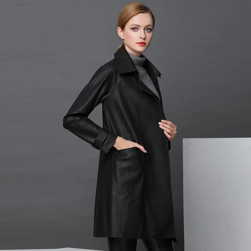 Women Fashion Autumn Winte PU Leather 2018 Black Full Sleeve Turn-down Collar Vintage Office Long Coat Work Ladies Outwear Coats