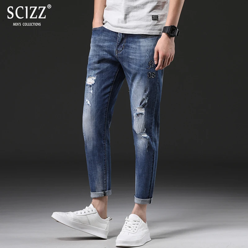 2018 лето голубой ботильоны Длина Для мужчин джинсы Slim Fit джинсовые штаны рваные