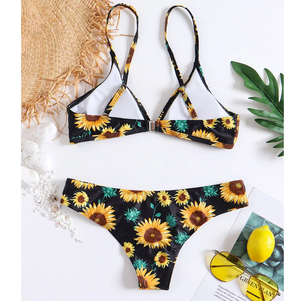 Женский раздельный купальник с принтом подсолнуха черный сексуальный v образный