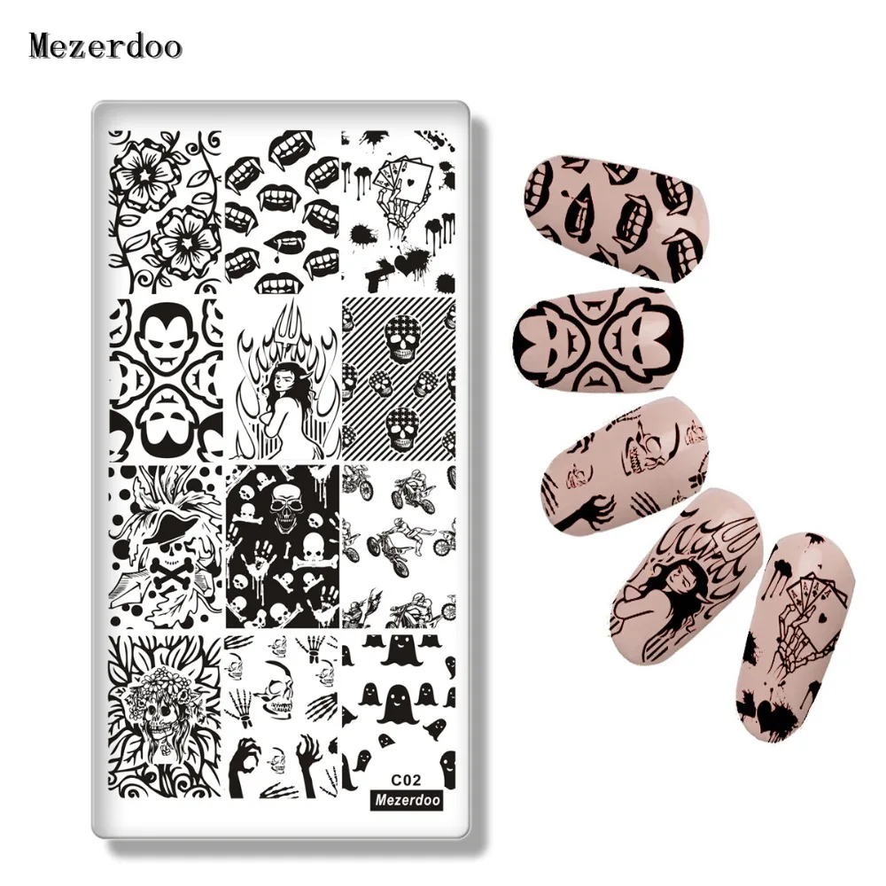 Mezerdoo Хэллоуин вампир ногтей штамповки пластины череп кровянистый зуб