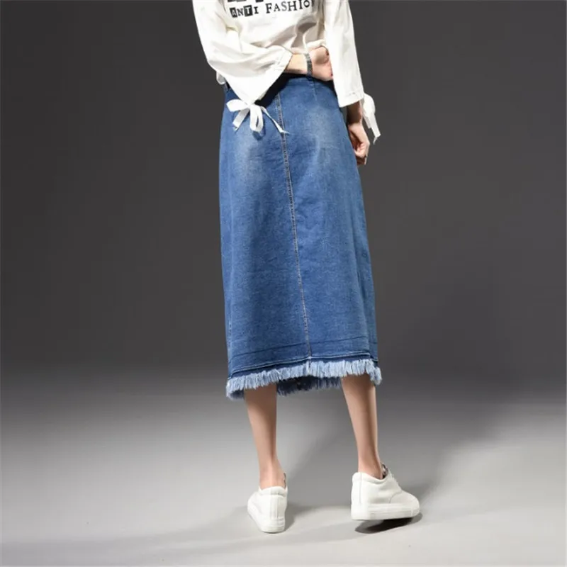 Tassel fringe buttoned denim skirt new summer female half length a word street tide people waist stretch | Женская одежда