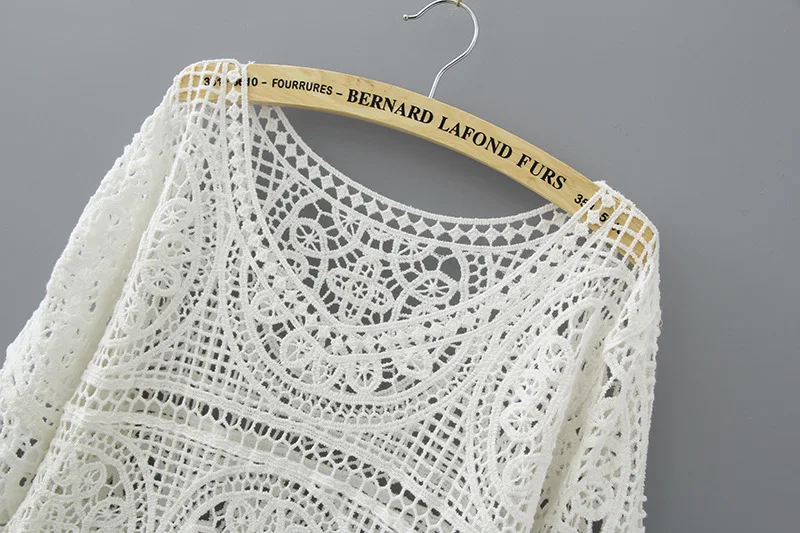 Ажурная белая блузка модные летние Вязаные кружевные топы 2020 женские прозрачные