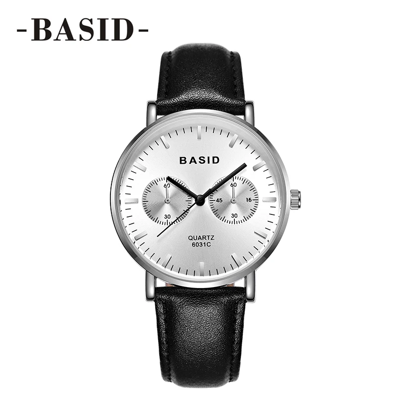 

BASID 2017 Quartz Watches Women Top Luxury Brand Silver Case Genuine Leather Clock Casual Fashion Sport Watch Men's Wristwatches