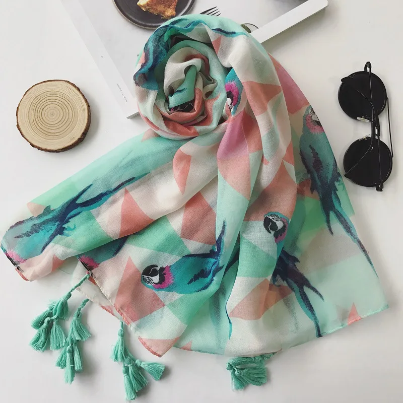 Шарф из пашмины с зелеными кисточками в виде птиц и попугаев|designer hijab|hijab designmuslim
