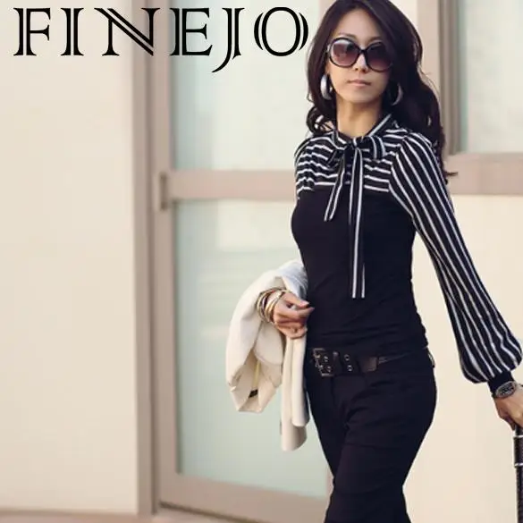 Женская футболка FINEJO повседневная осенне-Весенняя с длинным рукавом в полоску