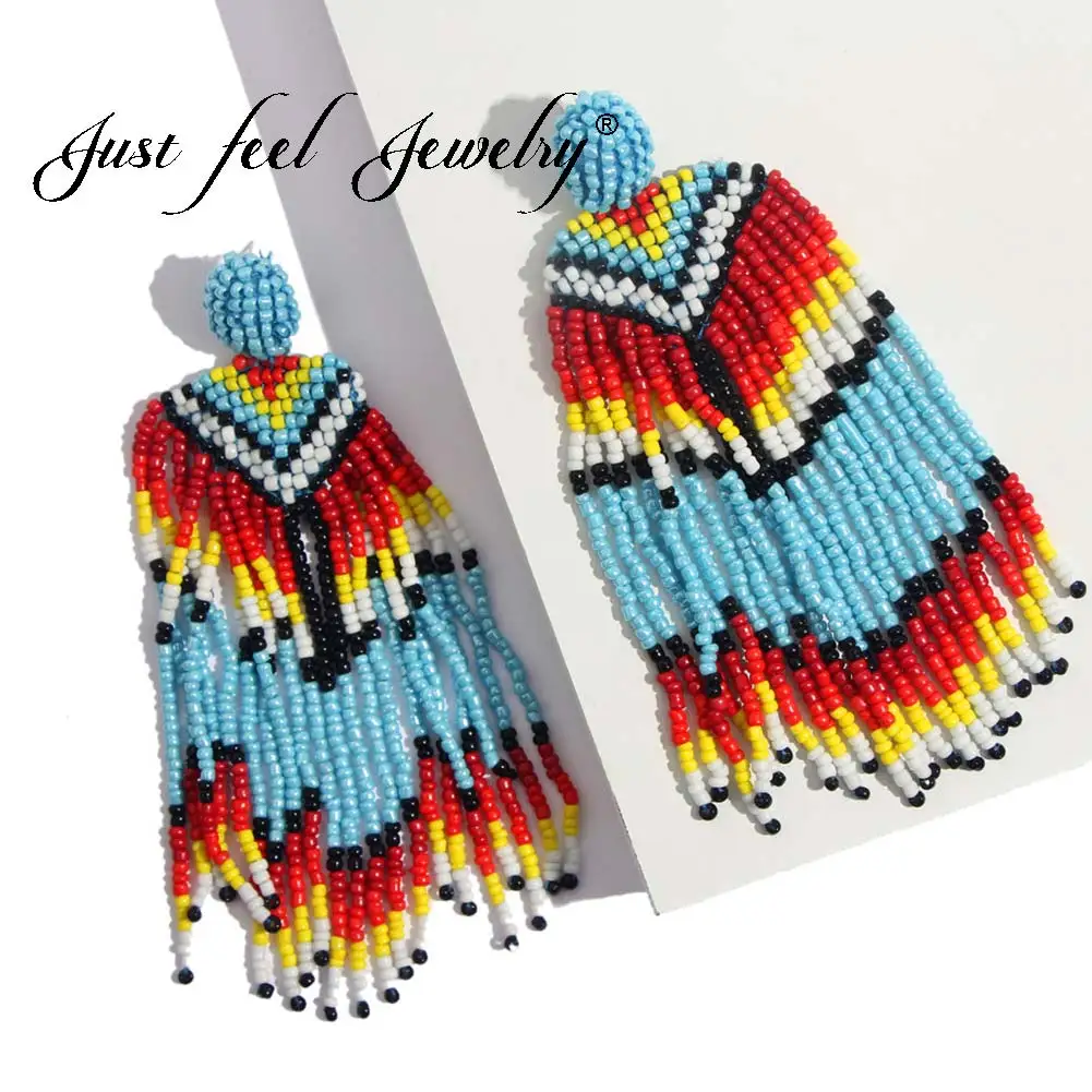 

JUST FEEL Beads Tassel Big Drop Earrings For Women Bohemian Trendy Handmade Geometric Long Pendant Dangle Earring Ethnic Jewelry
