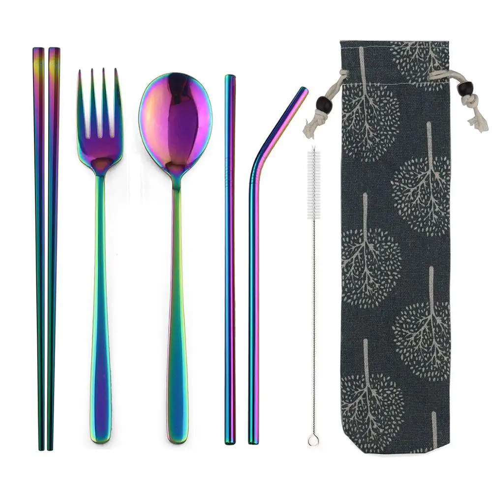 JANKNG Portable Travel Dinneware Set 304 Stainless Steel Fork Scoop Chopsticks Straw Silverwar Set Rainbow Cutlery with Pouch