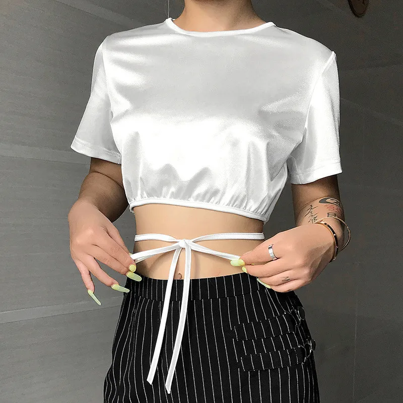 Женская белая однотонная Повседневная футболка короткая с круглым вырезом