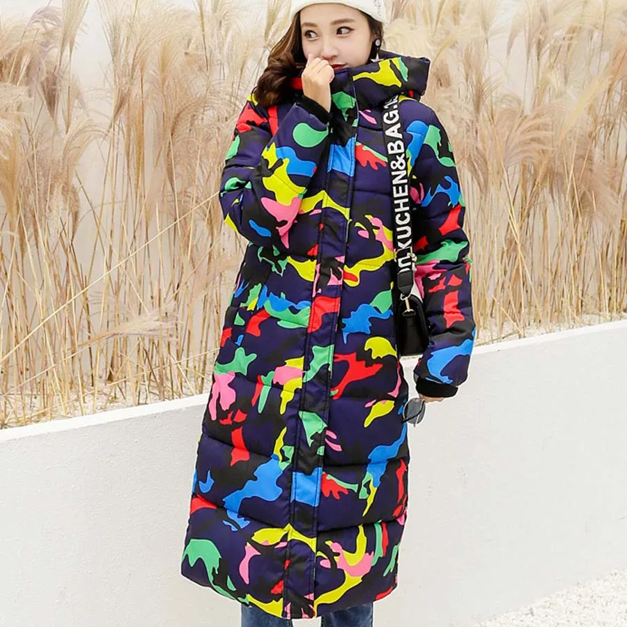Color 1 Зимняя куртка женская г. женские утепленные теплая хлопковая стеганая длинное куртки женские зимние с капюшоном и принтом парка женская верхняя одежда плюс женский размер пальто зимнее женское - Цвет: Color 1