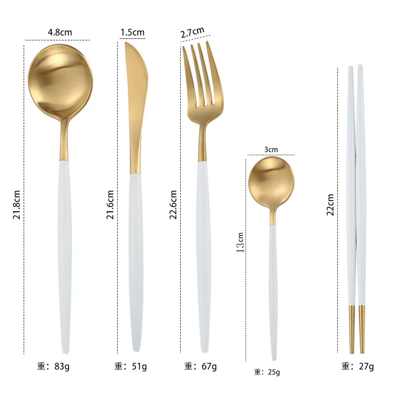 White Gold 5pcs Белый золотой набор столовых приборов столовый сервиз столовая посуда матовые черные столовые приборы для ужина Вилка Нож чайная ложка корейские палочки дропшиппинг - Цвет: White Gold 5pcs