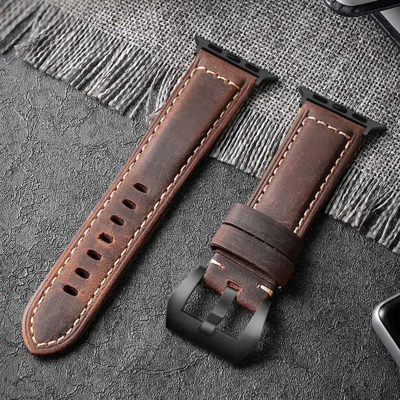 Black-Brown STJ ремешок для часов из воловьей кожи ручной работы для Apple Watch 42 мм 38 мм и Apple Watch Series 4 3 2 1 ремешок для iWatch 44 мм 40 мм браслет - Цвет ремешка: Black-Brown