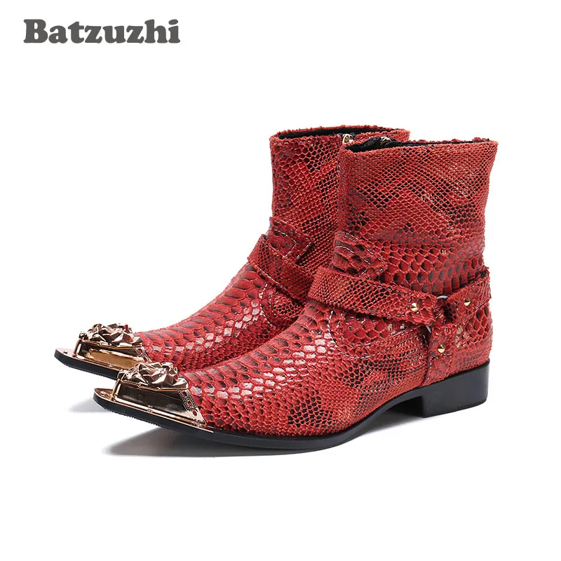 

Мужские ковбойские ботинки Batzuzhi в западном стиле, красные ботильоны из натуральной кожи с острым металлическим носком, мужские мотоциклетн...