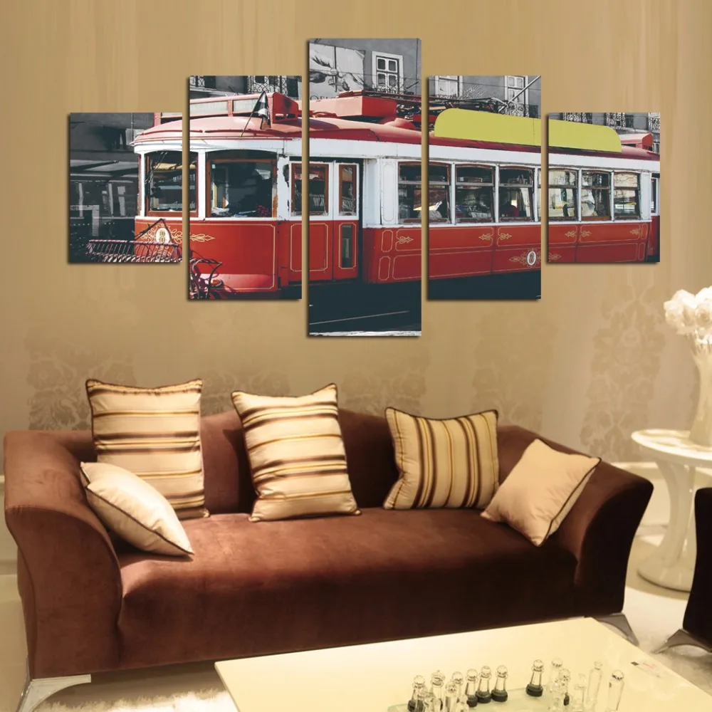 Modular Canvas Vintage Pictures HD Printed Wall Art Frame 5 Panel Red Train Painting Living Room Home Decor High Quality Poster | Дом и сад