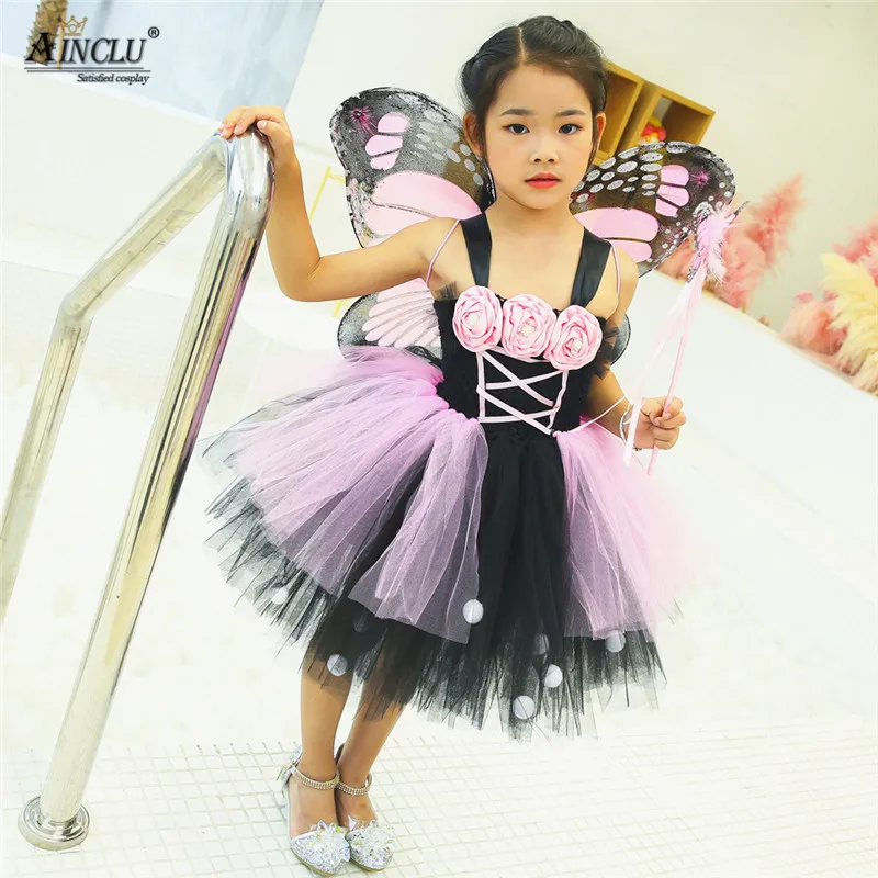 

1-12Y Flower Girl Tutu Dress Tulle Girl Party Dress Princess Kids Girls Fairy Dress Wing Wand Cosplay Butterfly Carnival Costume