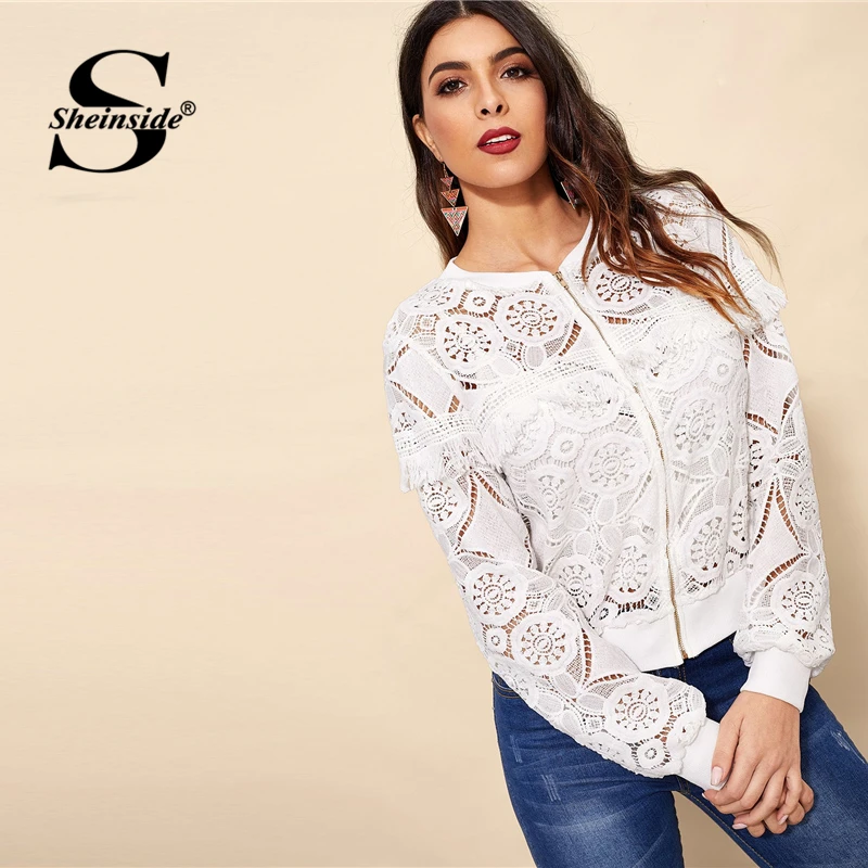 Sheinside Белый Элегантный выдолбленный Кружевной Жакет для женщин сзади потертый край Детали куртки дамы бахрома на молнии кружева верхняя одежда