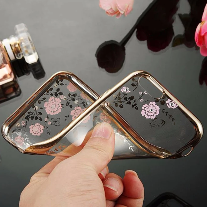 Capinha Para Chic Flower Flora Bling Diamond Rhinestone Clear Soft TPU Case For iPhone XS MAX XR X 6S 5S SE 8 6 7 Plus |