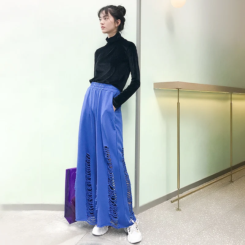 TWOTWINSTYLE рваные широкие брюки женский эластичный пояс негабаритных макси Женская