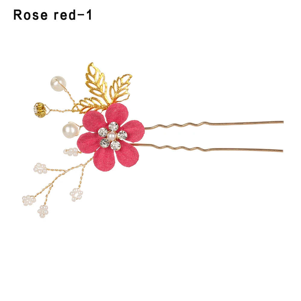 rose red1 Luxury Blue Flower Hair Combs Headdress Prom Bridal Wedding Hair Accessories Gold Leaves Hair Jewelry Hair Pins - Окраска металла: rose red1
