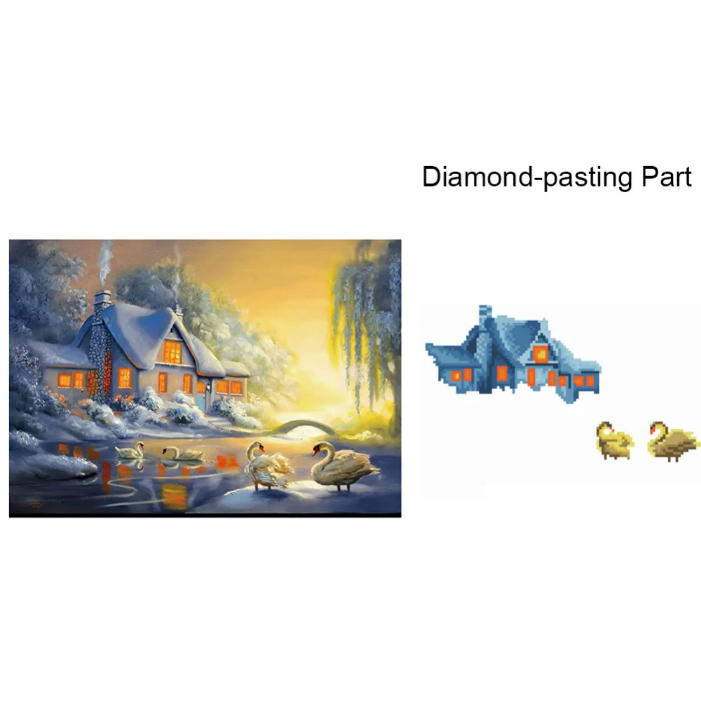 5D Снежный домик и лебеди Алмазная Вышивка Сделай Сам деревня лебедь картина
