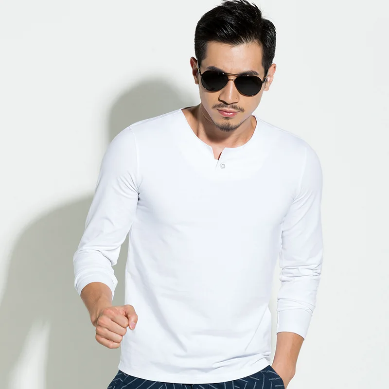 2019 spring and autumn men's long-sleeved shirt Slim O-neck collar button Europe America simple solid color base T-shirt | Мужская