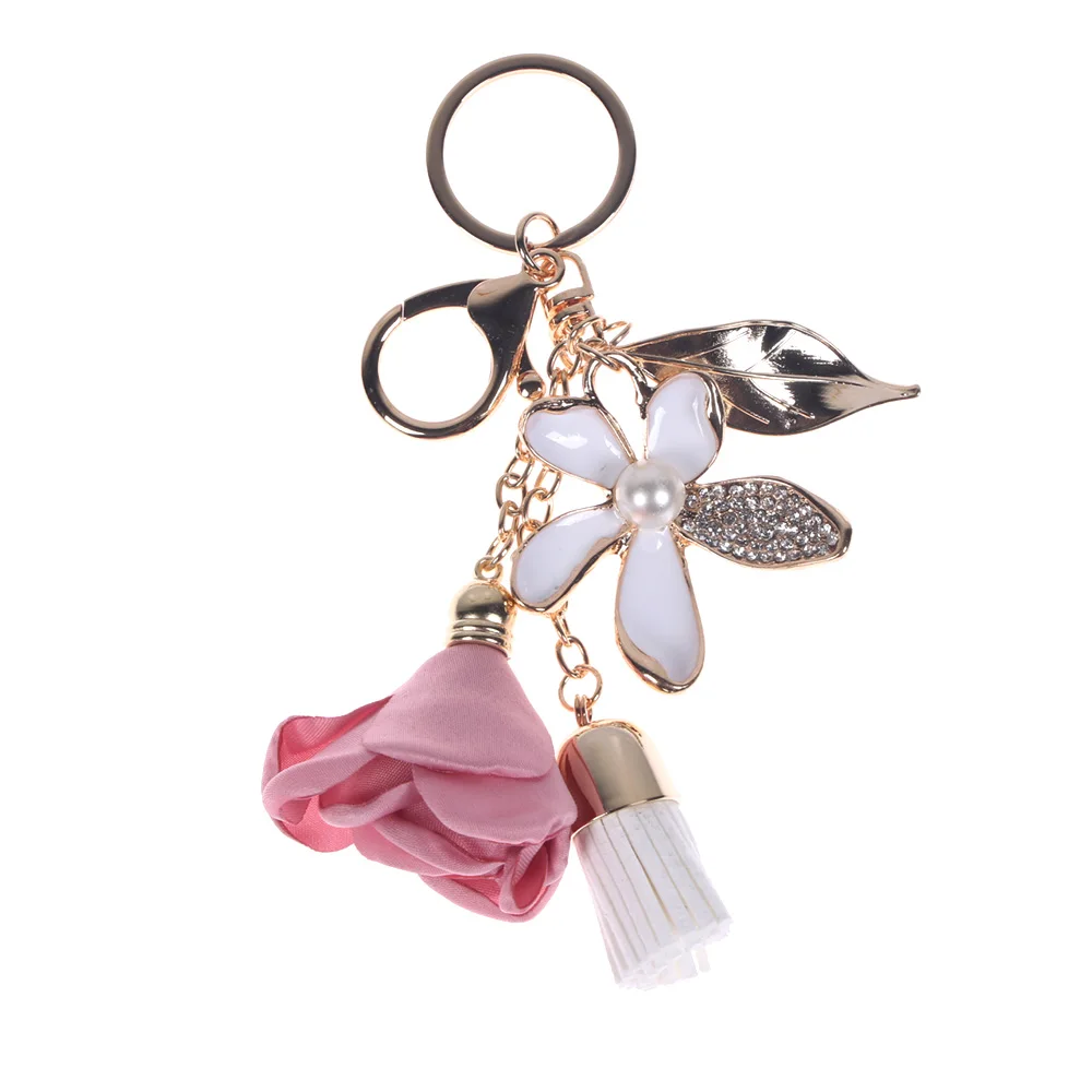 Тканевый цветок розы брелок кристалл кисточка автомобильный для ключей женское