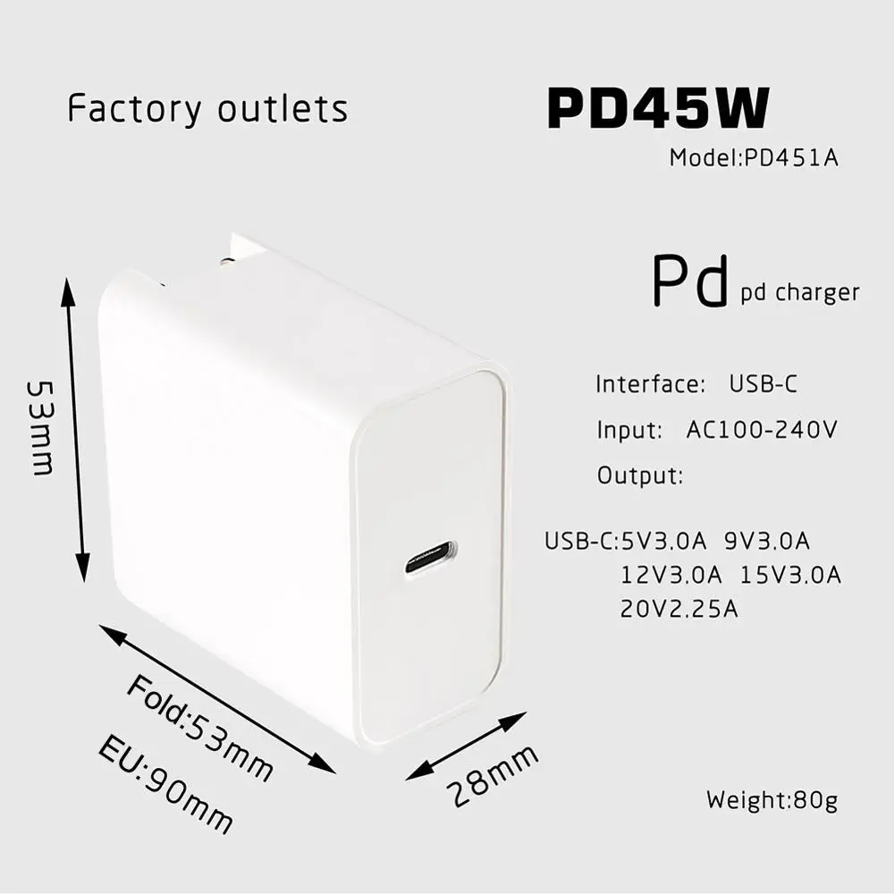 45 Вт настенное зарядное устройство USB C PD адаптер питания для ноутбука MacBook Pro Samsung