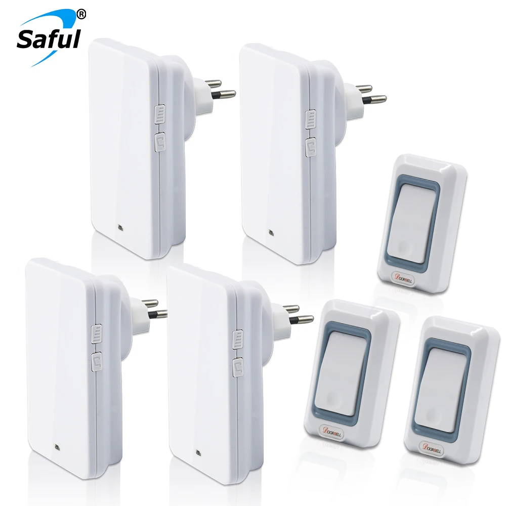 

Saful Waterproof Plug-in Wireless Doorbell 28 Ringtones Press Button 3 Out Transmitters + 4 Doorbells Receiver EU/US/UK/AU Plug