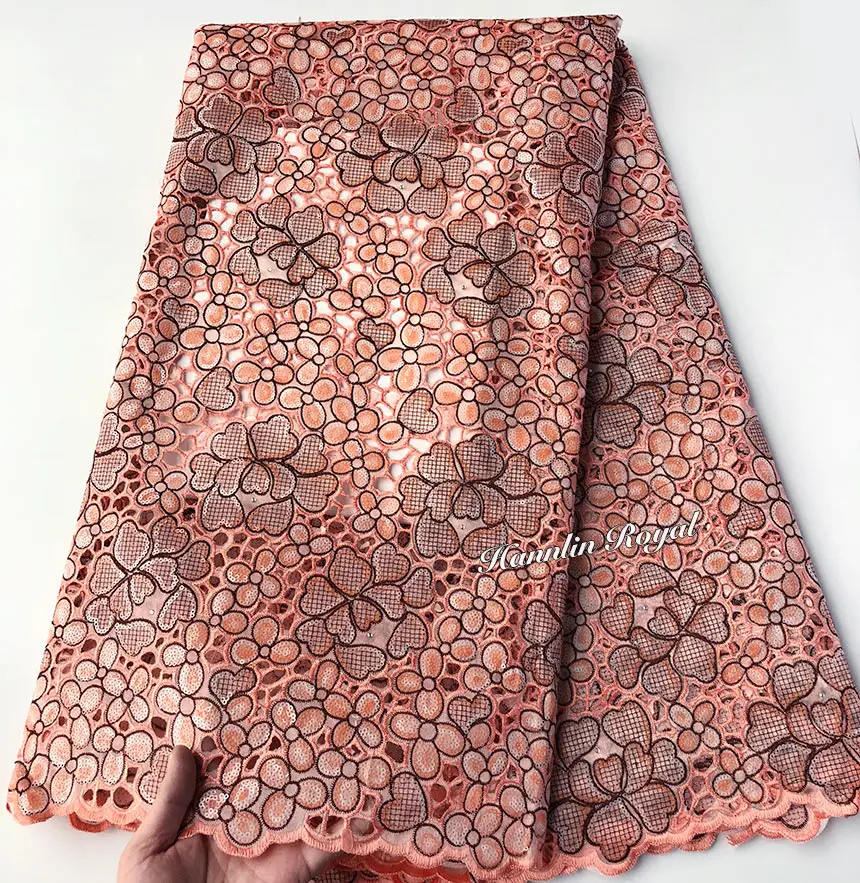 

5 yards Shine Peach African Handcut Lace organza Fabric with massive sequins high quality