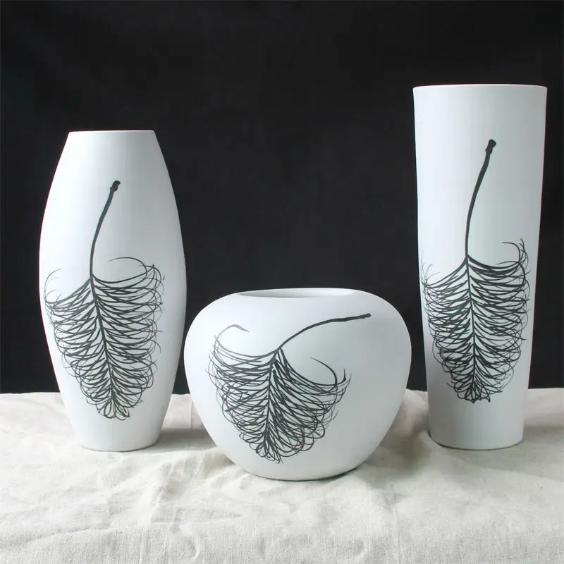 Керамическая фарфоровая настольная ваза набор (3 шт.) с простым узором из перьев