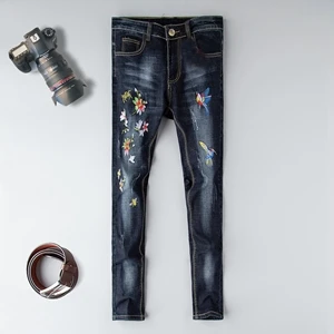 Дизайнерская одежда мужские джинсы стрейч рваные хип хоп джинсы Homme Distressed дизайн мужские тонкие брюки с вышивкой - Цвет: Синий