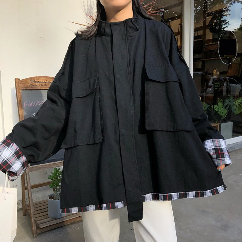 Black Plegie Harajuku, негабаритная клетчатая Лоскутная Женская куртка, весна, новая верхняя одежда, пальто в стиле хип-хоп, уличная одежда, свободные BF стильные куртки - Цвет: Black