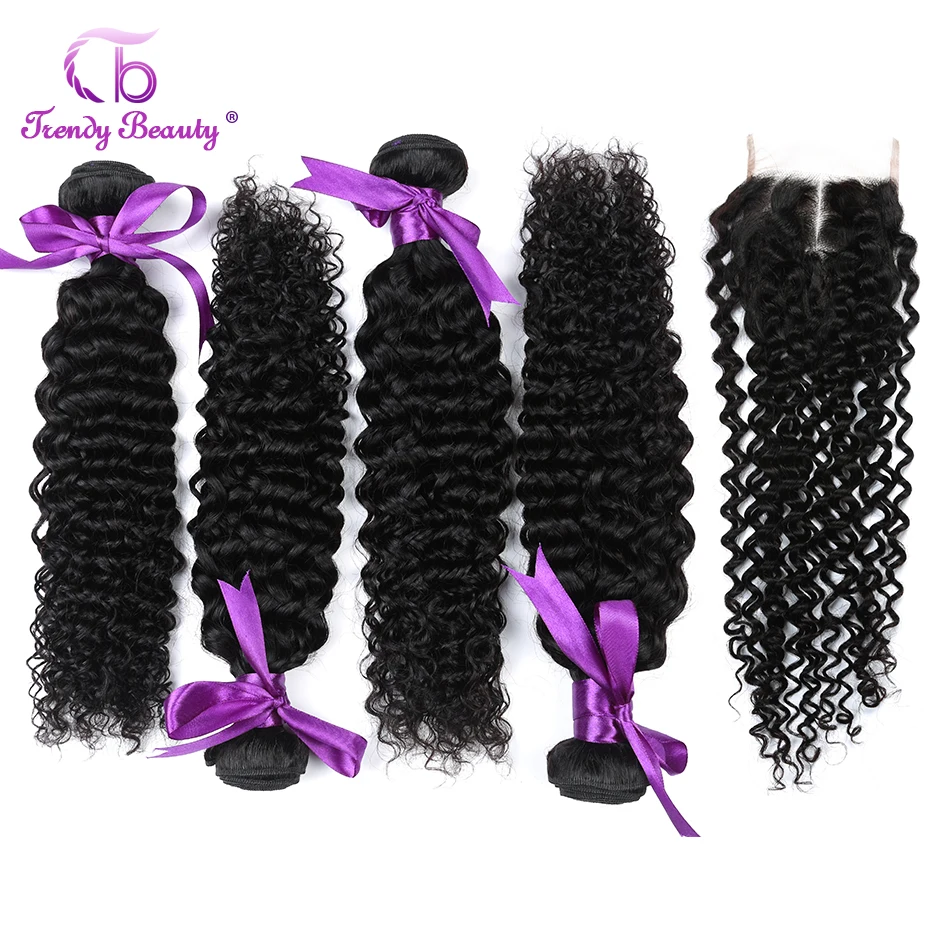 Malaysia Kinky Curly 4Bundles with 4X4 Lace Closure Human Hair Weave Bundles Hair Extensions Color1B Free Shipping Trendy Beauty