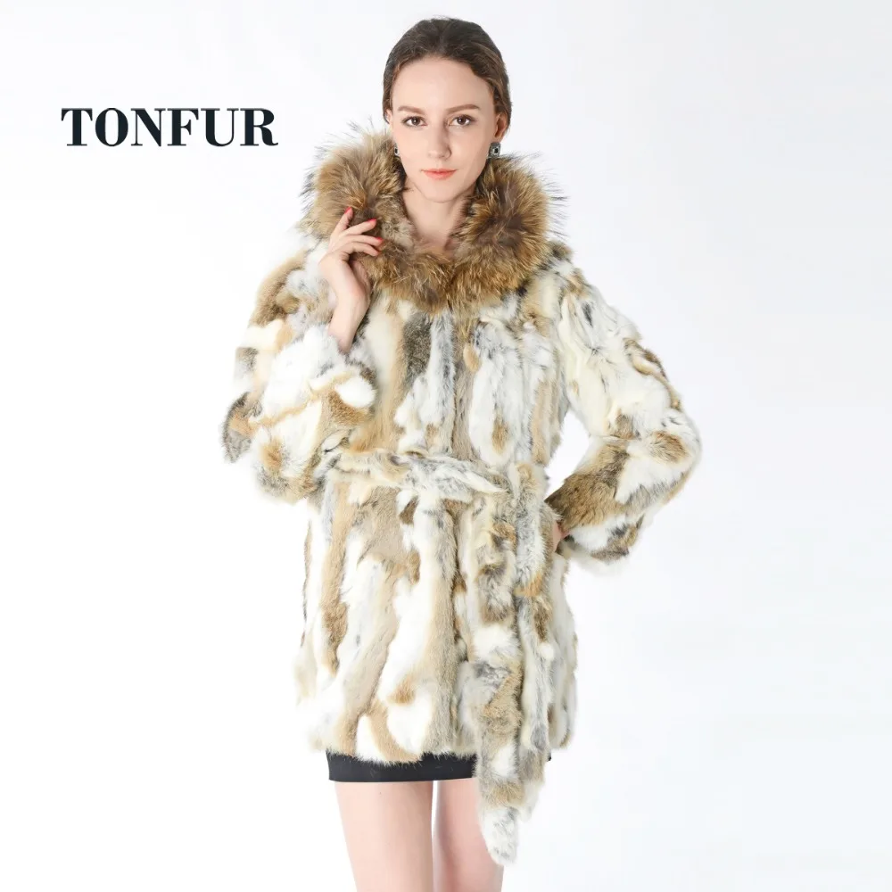 Женское длинное пальто с поясом из натурального меха кролика Рекс TFP537 | Женская