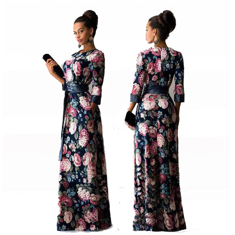 European Style Autumn Dress Women 3/4 sleeve Flower Print A-line Vintage Maxi Long Dresses with Sashes | Женская одежда