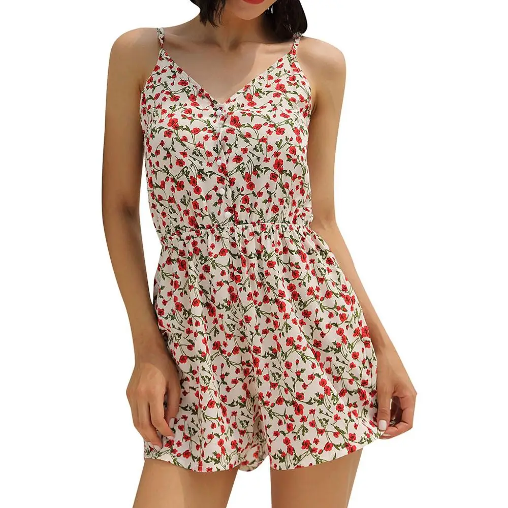 Модный женский мини комбинезон с цветочным принтом открытыми плечами из