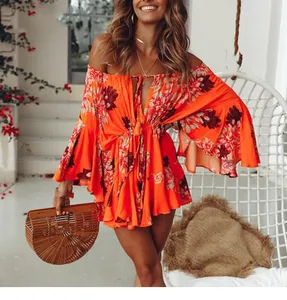 Женский пляжный костюм Boho, короткий комбинезон с рукавами-фонариками и цветочным принтом на лето, 2019