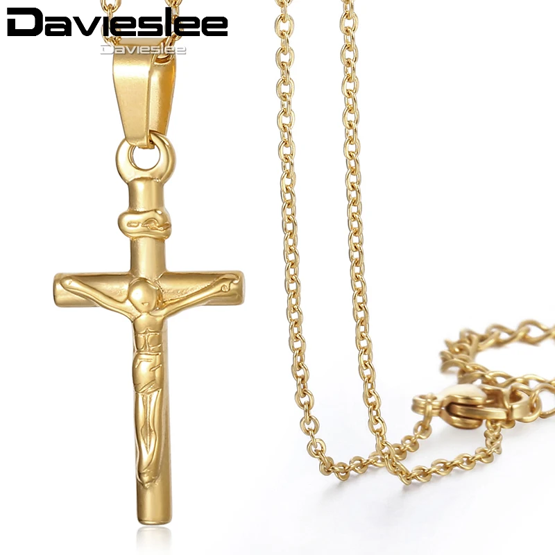 Davieslee Jesus Christ Cross Pendant Necklace for Women Gold Silver Color Stainless Steel Chain Rolo Link LKNM148 | Украшения и