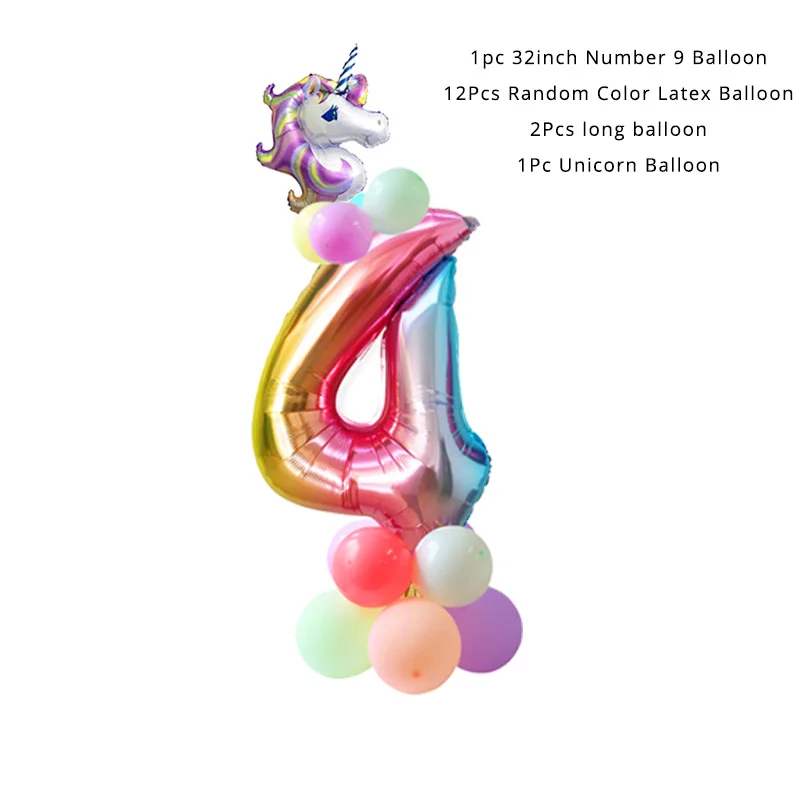 number balloon set 4 Вечерние принадлежности с единорогом, Розовая Повязка на голову с единорогом, одноразовый набор столовых приборов для девочек, украшения для дня рождения, принадлежности с единорогом - Цвет: number balloon set 4