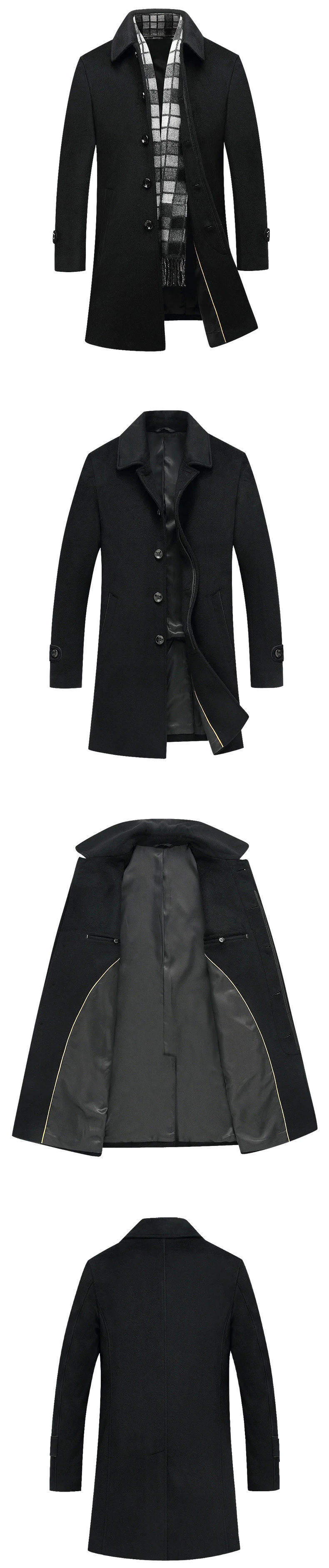 Осенне-зимнее шерстяное пальто для мужчин, деловая Повседневная куртка с воротником-шарфом, Длинная ветровка, однобортное черное шерстяное пальто для мужчин 4XL