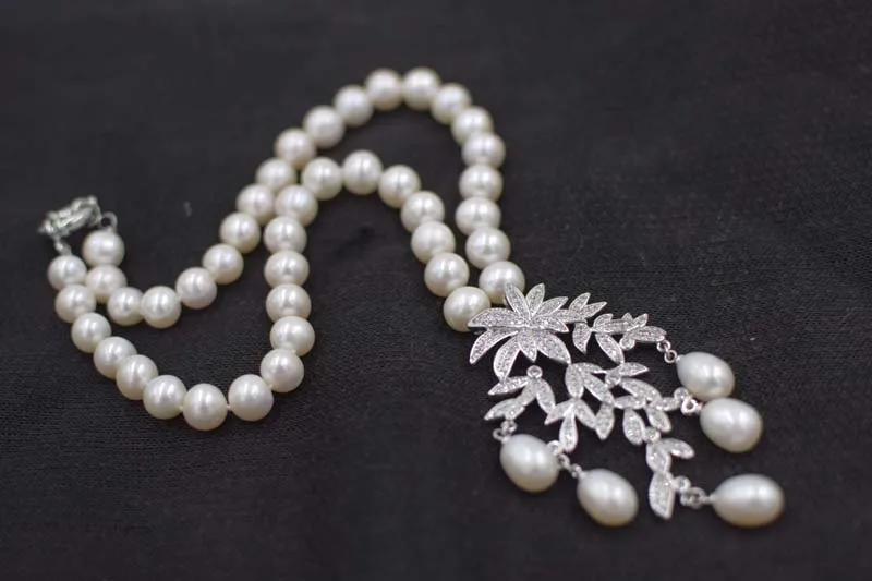 

freshwater pearl white near round 9-1`0mm necklace and flower pendant 18inch FPPJ wholesale beads nature